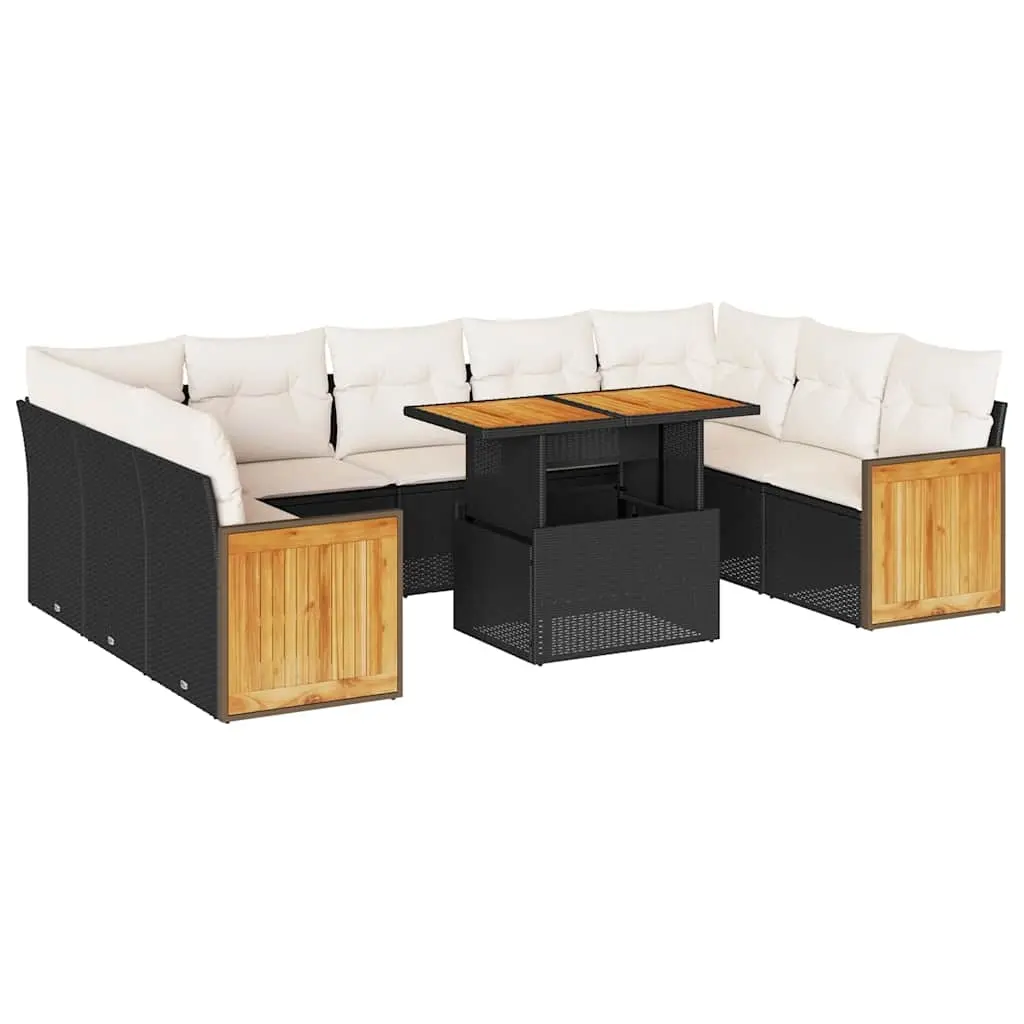 10 Piece Garden Sofa Set with Cushions Black Poly Rattan Acacia 3327752 - Furniture