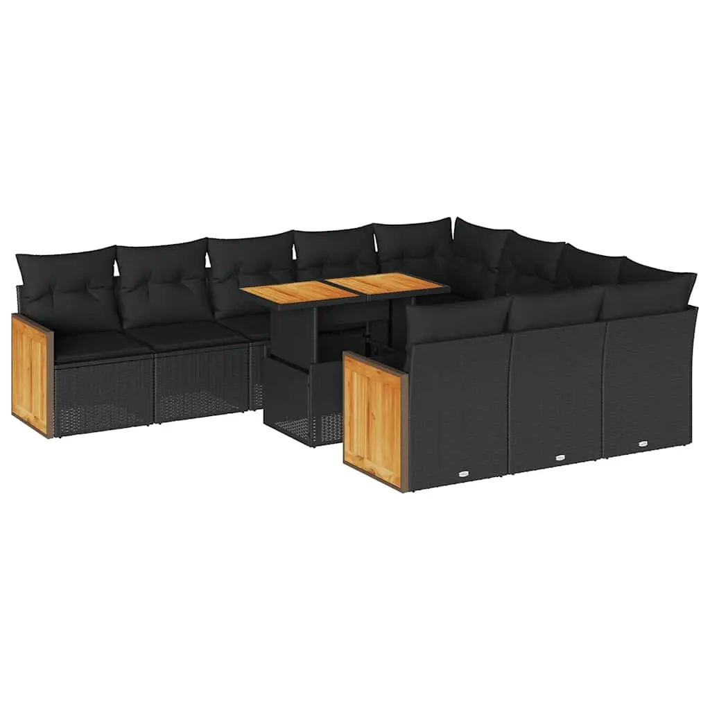 11 Piece Garden Sofa Set with Cushions Black Poly Rattan Acacia 3327758 - Furniture