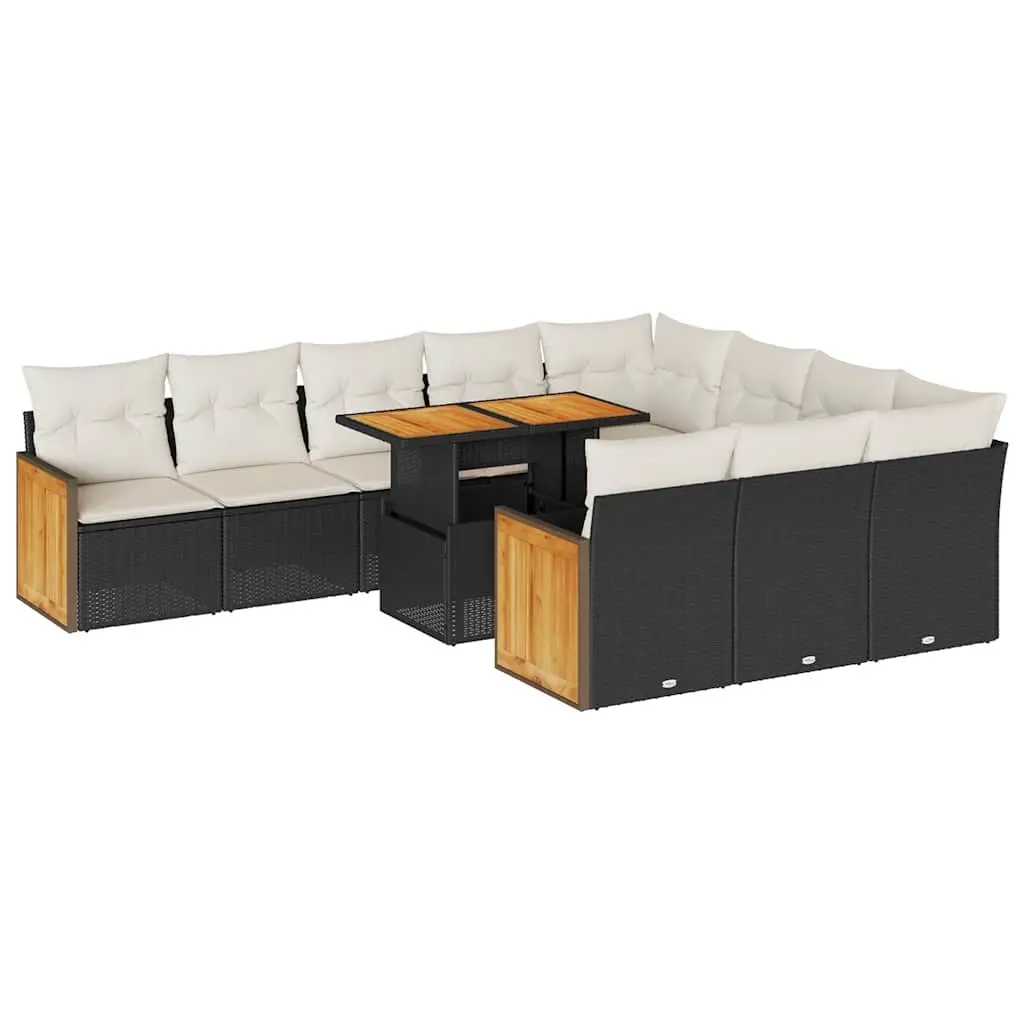 11 Piece Garden Sofa Set with Cushions Black Poly Rattan Acacia 3327759 - Furniture