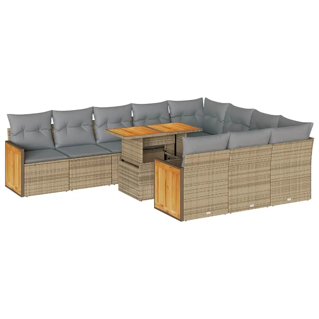 11 Piece Garden Sofa Set with Cushions Beige Poly Rattan Acacia 3327762 - Furniture