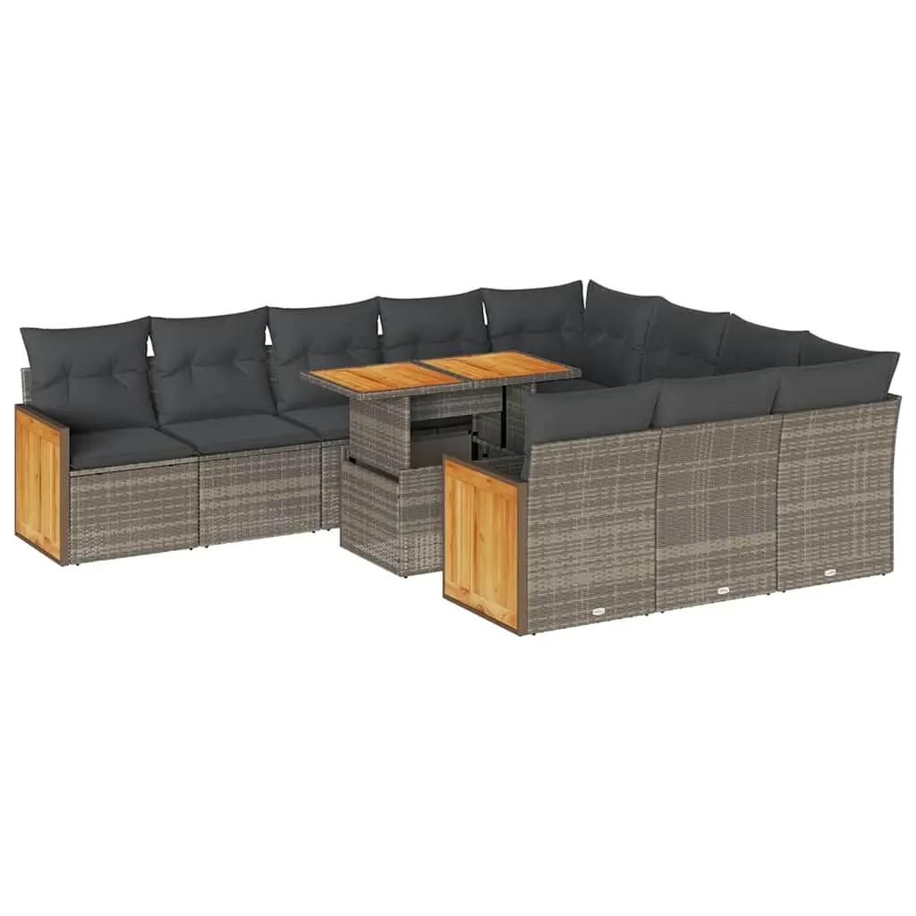 11 Piece Garden Sofa Set with Cushions Grey Poly Rattan Acacia 3327763 - Furniture