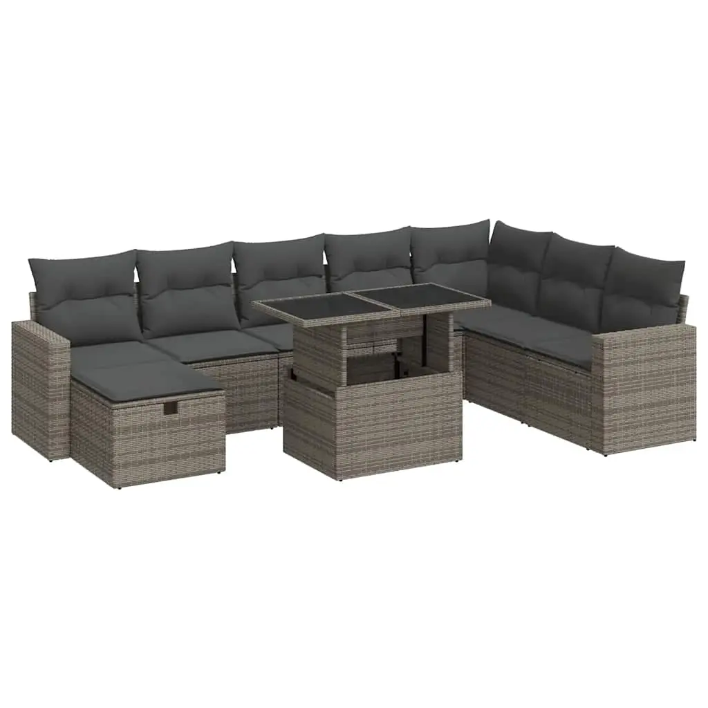 9 Piece Garden Sofa Set with Cushions Grey Poly Rattan 3327840 - Furniture
