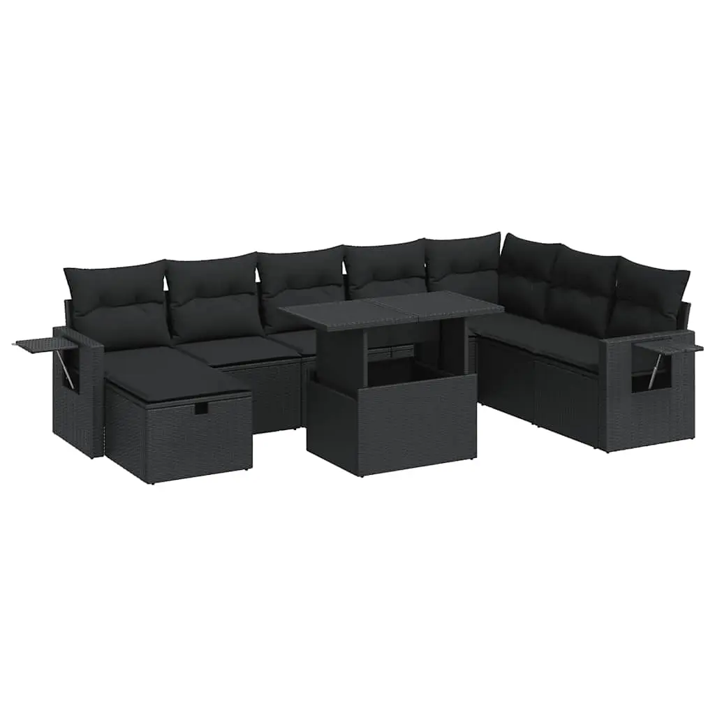 9 Piece Garden Sofa Set with Cushions Black Poly Rattan 3327875 - Furniture