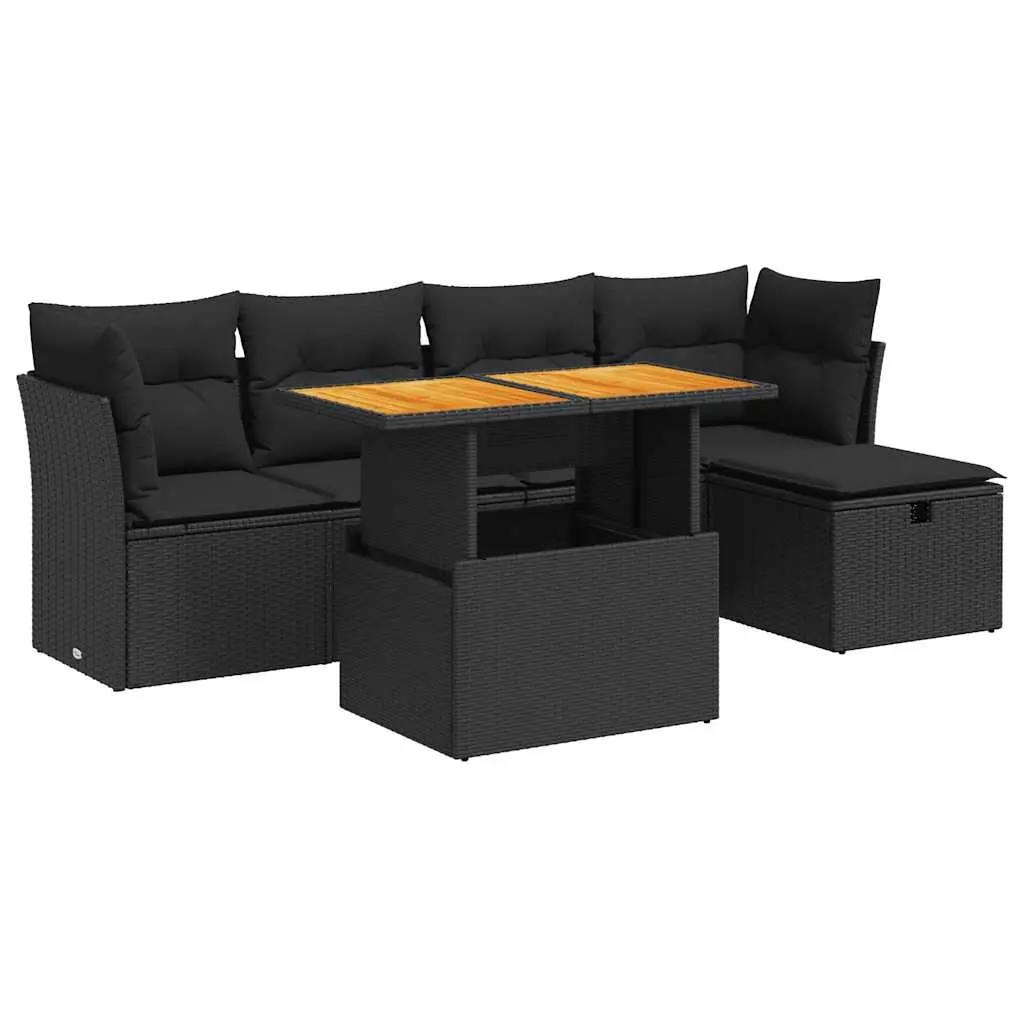 6 Piece Garden Sofa Set with Cushions Black Poly Rattan Acacia 3327965 - Furniture