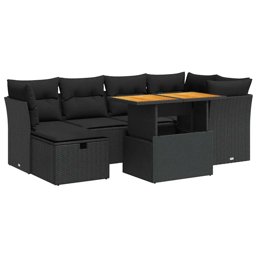 7 Piece Garden Sofa Set with Cushions Black Poly Rattan Acacia 3327972 - Furniture