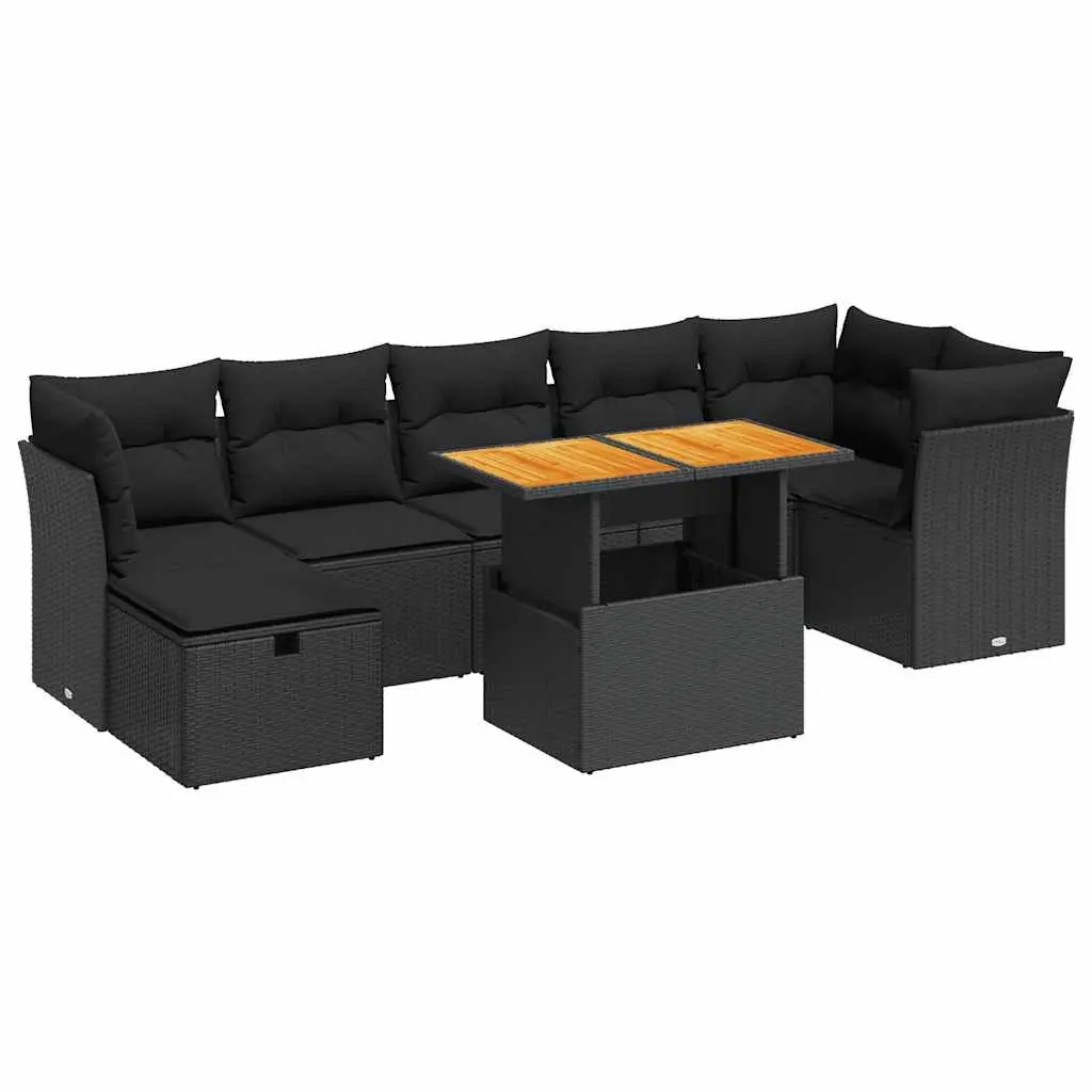 8 Piece Garden Sofa Set with Cushions Black Poly Rattan Acacia 3327979 - Furniture