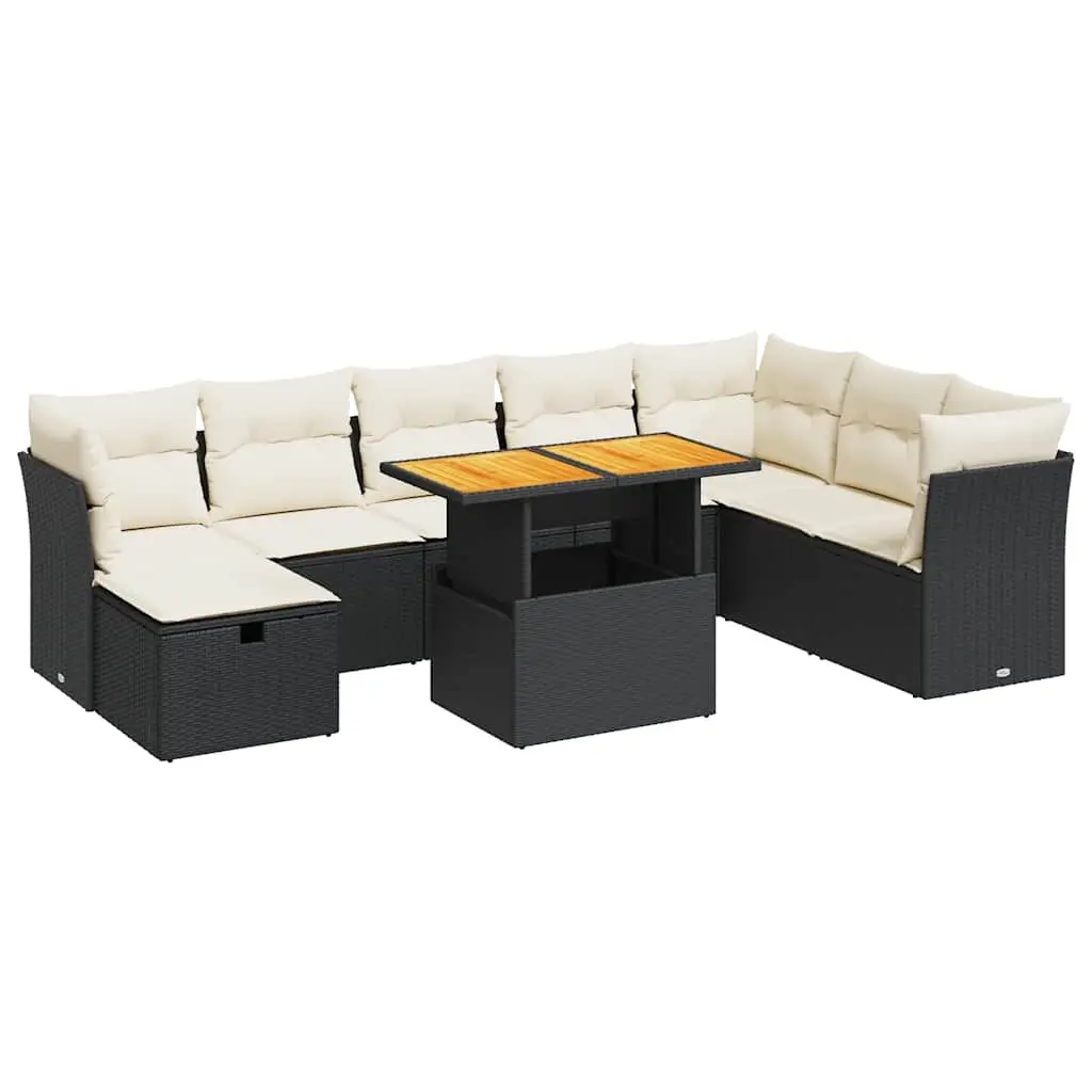 9 Piece Garden Sofa Set with Cushions Black Poly Rattan Acacia 3327987 - Furniture