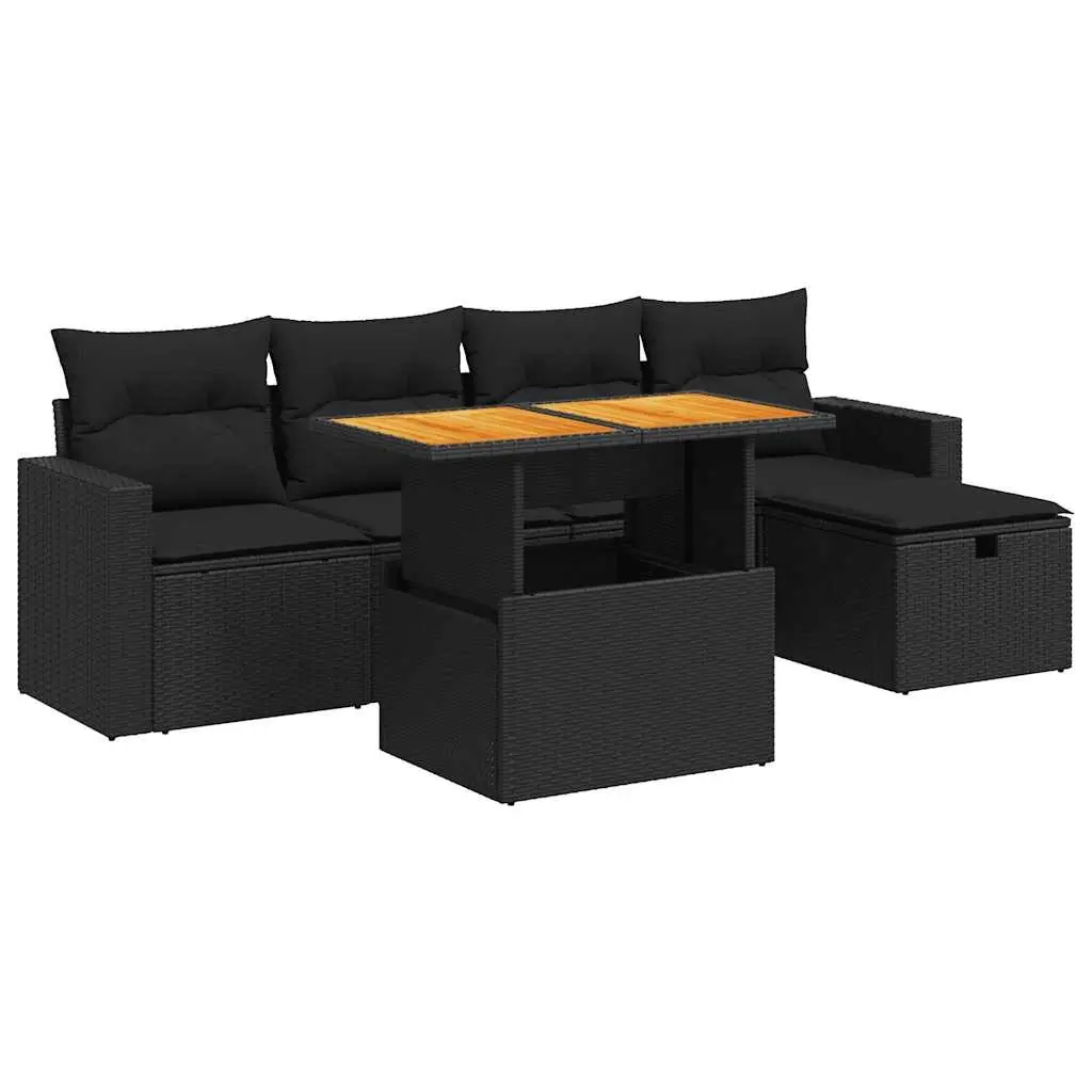 6 Piece Garden Sofa Set with Cushions Black Poly Rattan Acacia 3327993 - Furniture