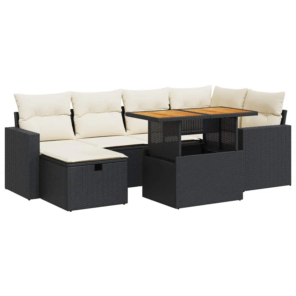 8 Piece Garden Sofa Set with Cushions Black Poly Rattan Acacia 3328001 - Furniture