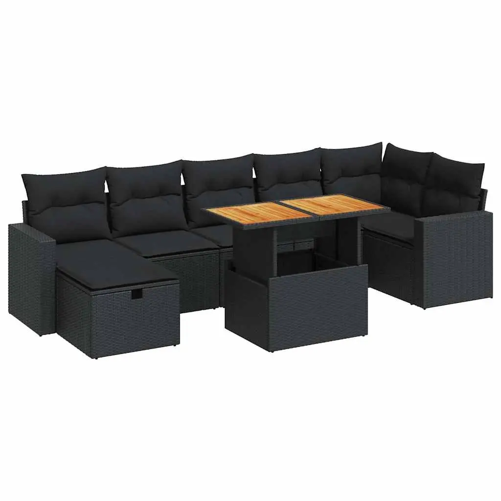 5 Piece Garden Sofa Set with Cushions Black Poly Rattan Acacia 3328007 - Furniture