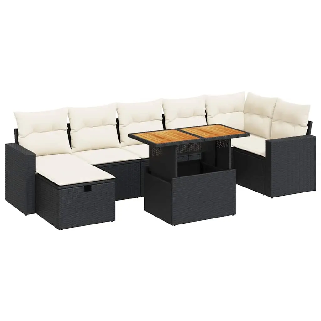 5 Piece Garden Sofa Set with Cushions Black Poly Rattan Acacia 3328008 - Furniture