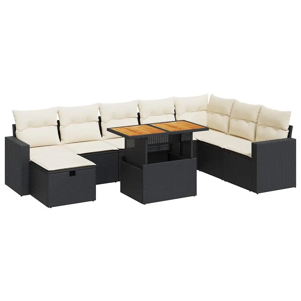 9 Piece Garden Sofa Set with Cushions Black Poly Rattan Acacia 3328015 - Furniture