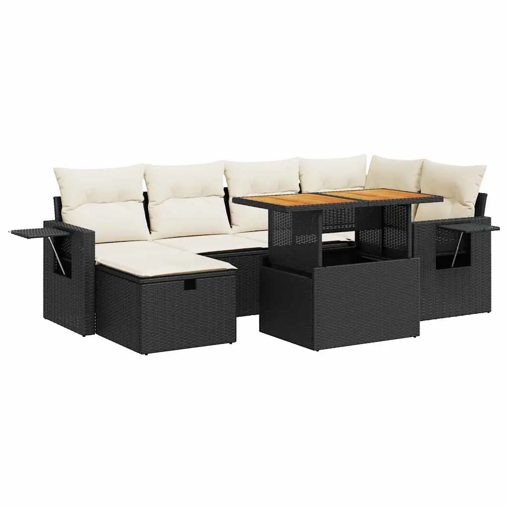 8 Piece Garden Sofa Set with Cushions Black Poly Rattan Acacia 3328029 - Furniture