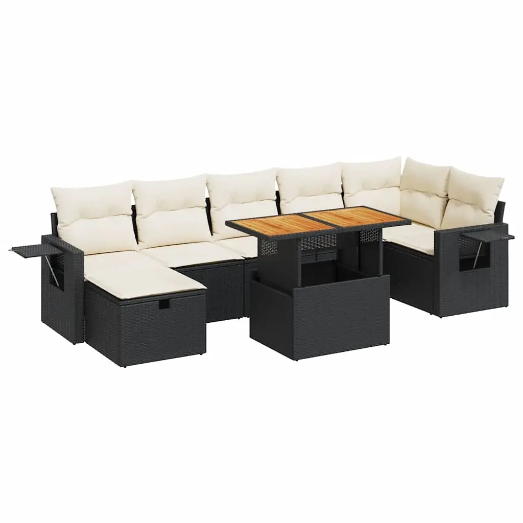 5 Piece Garden Sofa Set with Cushions Black Poly Rattan Acacia 3328036 - Furniture