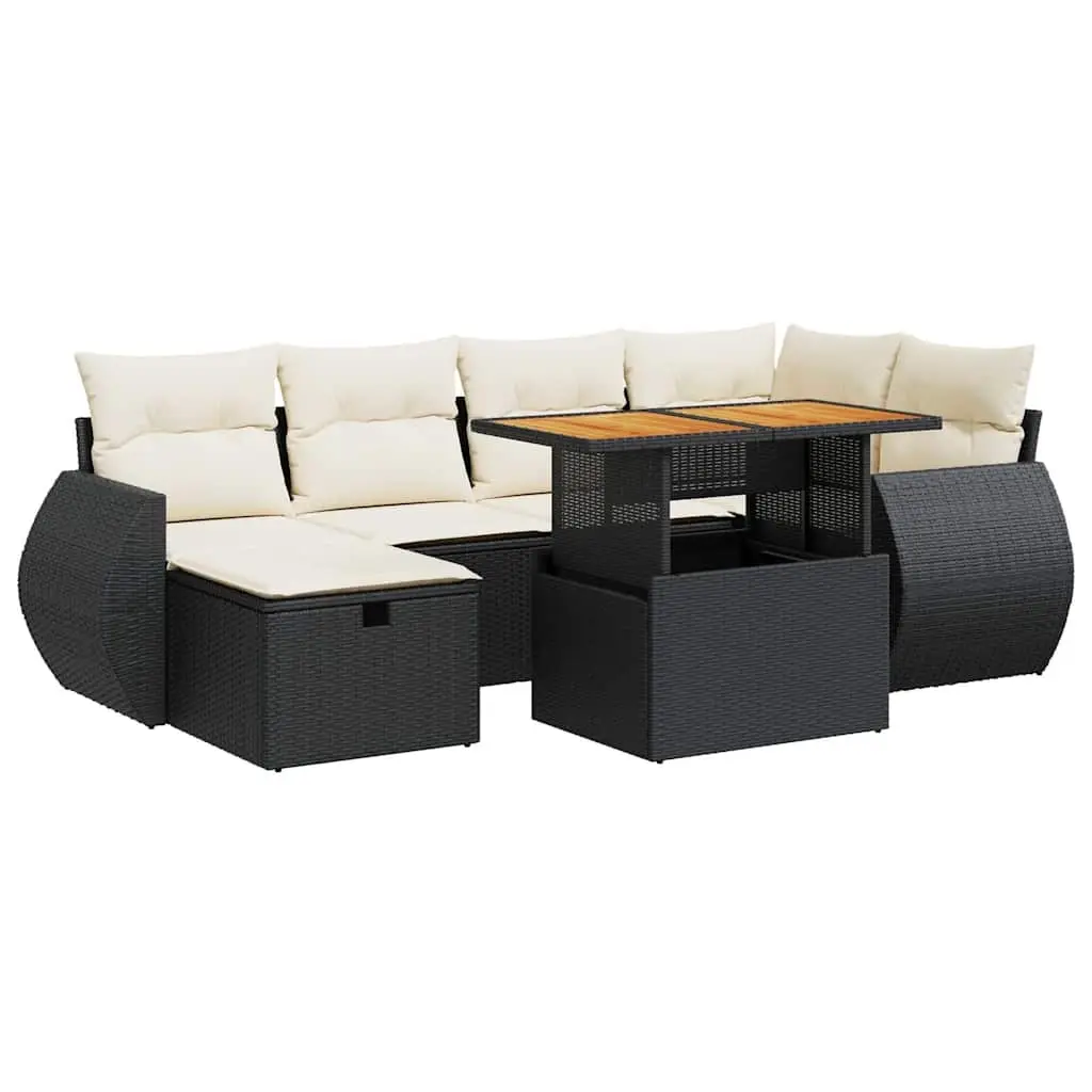 8 Piece Garden Sofa Set with Cushions Black Poly Rattan Acacia 3328057 - Furniture