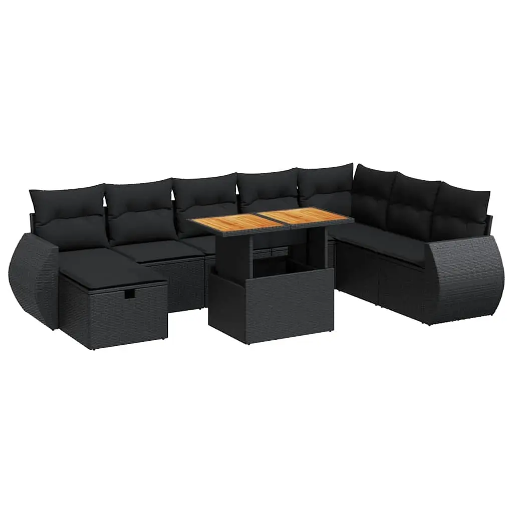 9 Piece Garden Sofa Set with Cushions Black Poly Rattan Acacia 3328070 - Furniture