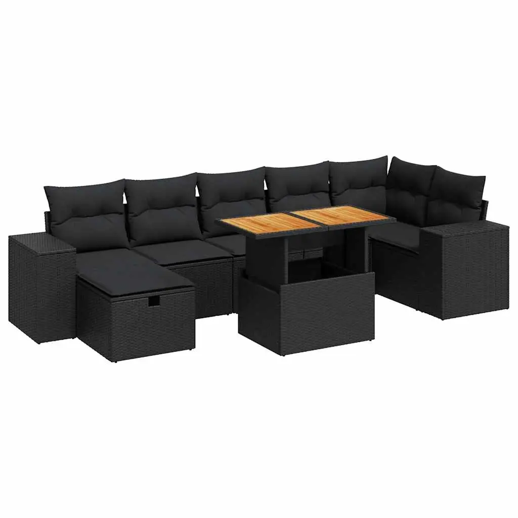 5 Piece Garden Sofa Set with Cushions Black Poly Rattan Acacia 3328091 - Furniture