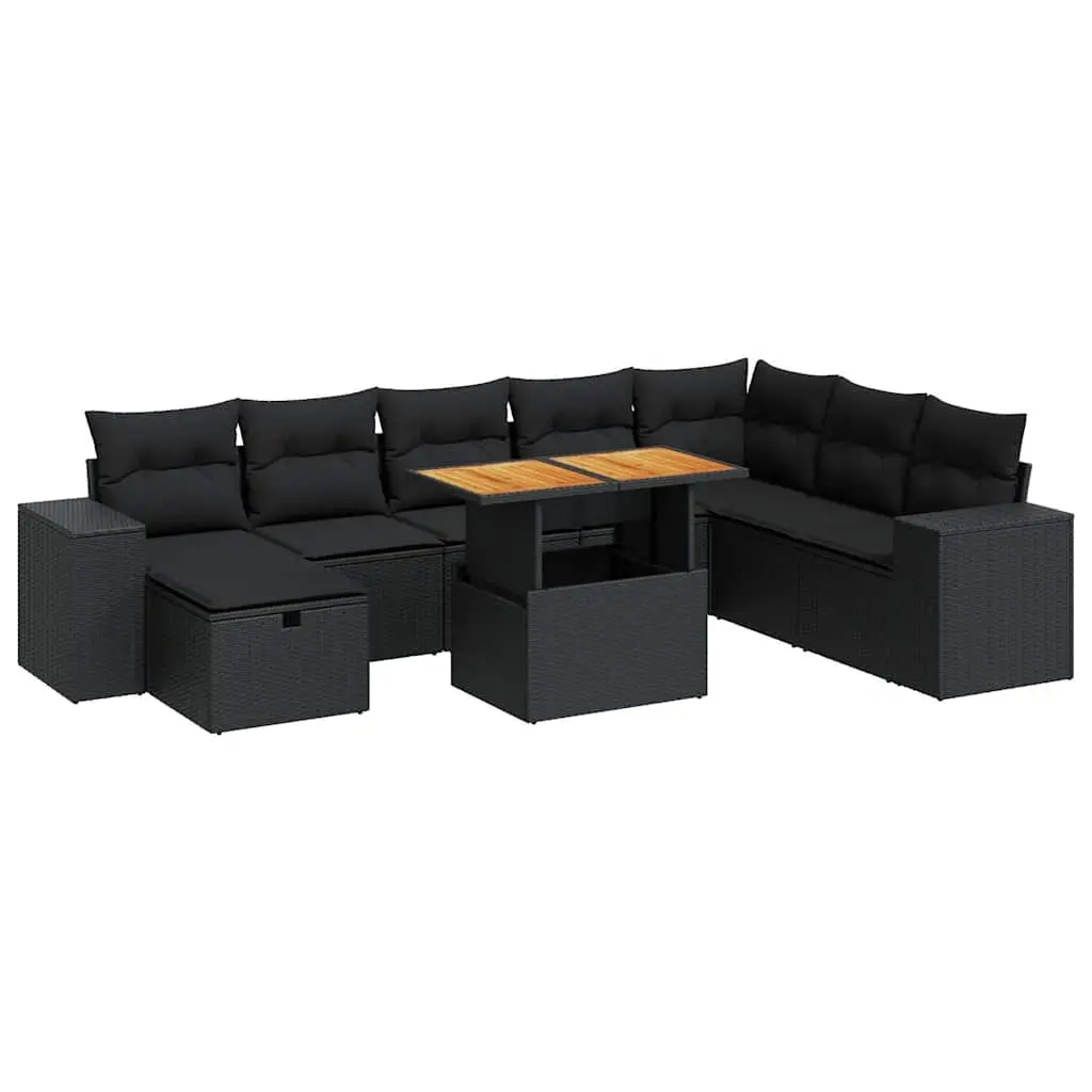 9 Piece Garden Sofa Set with Cushions Black Poly Rattan Acacia 3328098 - Furniture