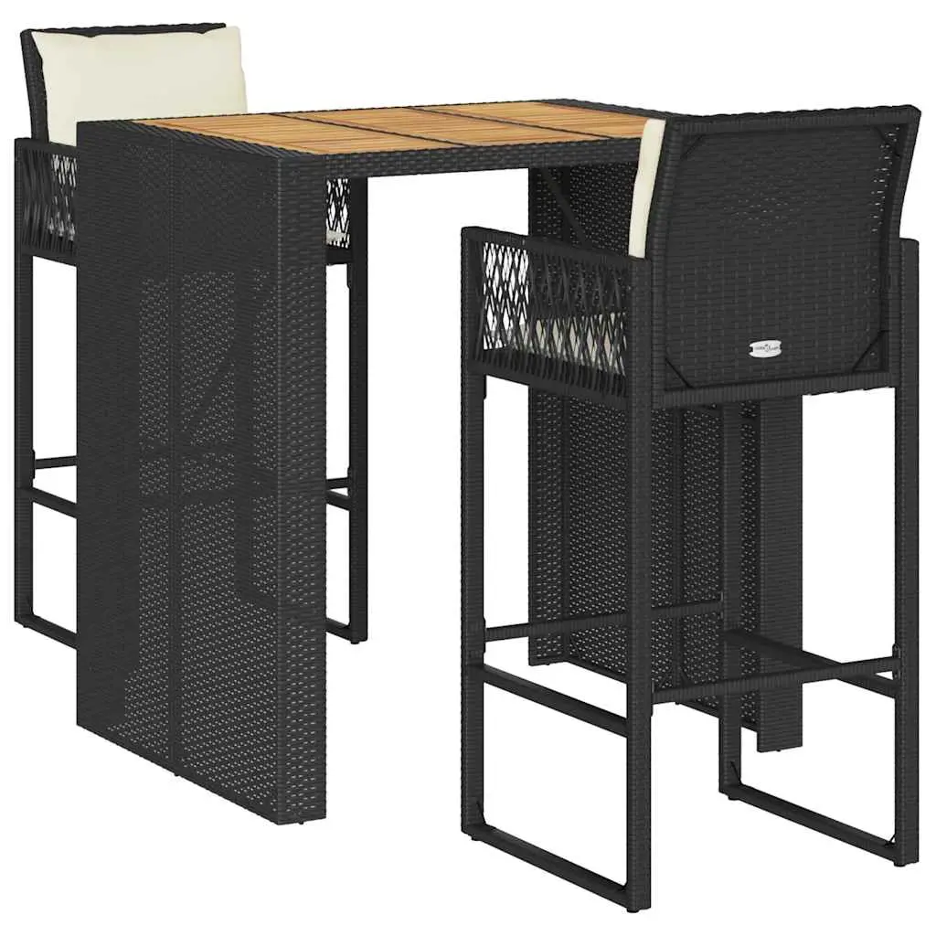 3 Piece Garden Bar Set with Cushions Black Poly Rattan Acacia 3328895 - Furniture