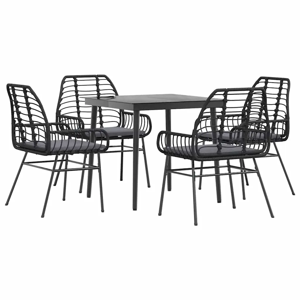 5 Piece Garden Dining Set with Cushions Black Poly Rattan Glass 3334451 - Furniture