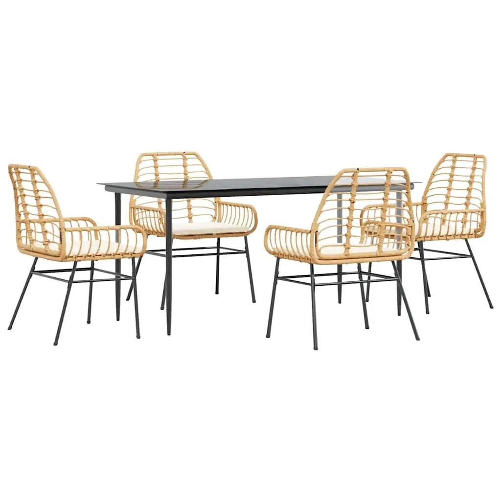 5 Piece Garden Dining Set with Cushions Brown Poly Rattan Glass 3334460 - Furniture