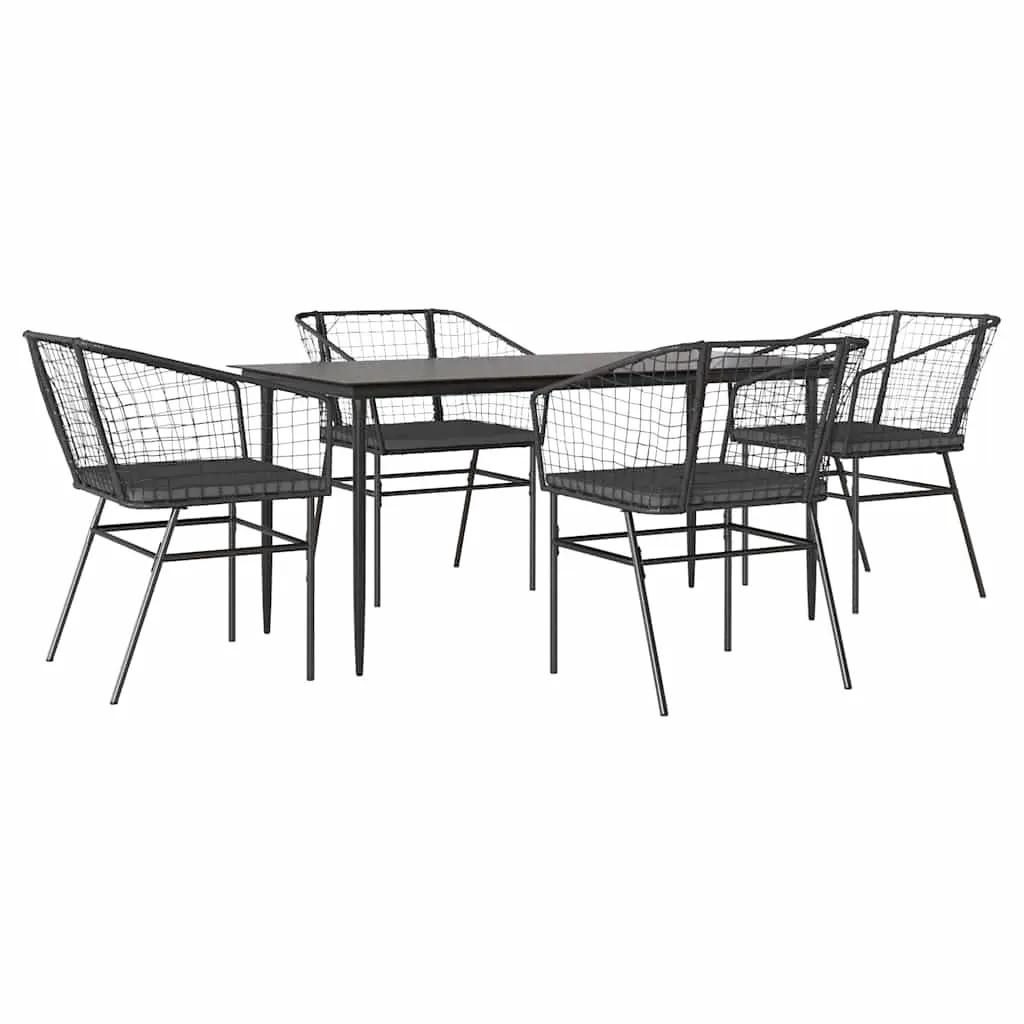 5 Piece Garden Dining Set with Cushions Black Poly Rattan Glass 3334502 - Furniture