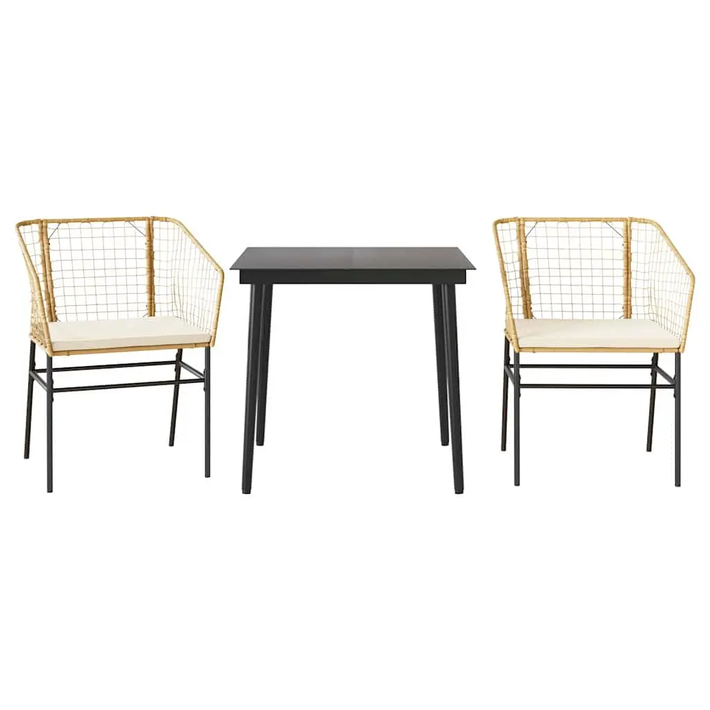 3 Piece Garden Dining Set with Cushions Brown Poly Rattan Glass 3334506 - Furniture