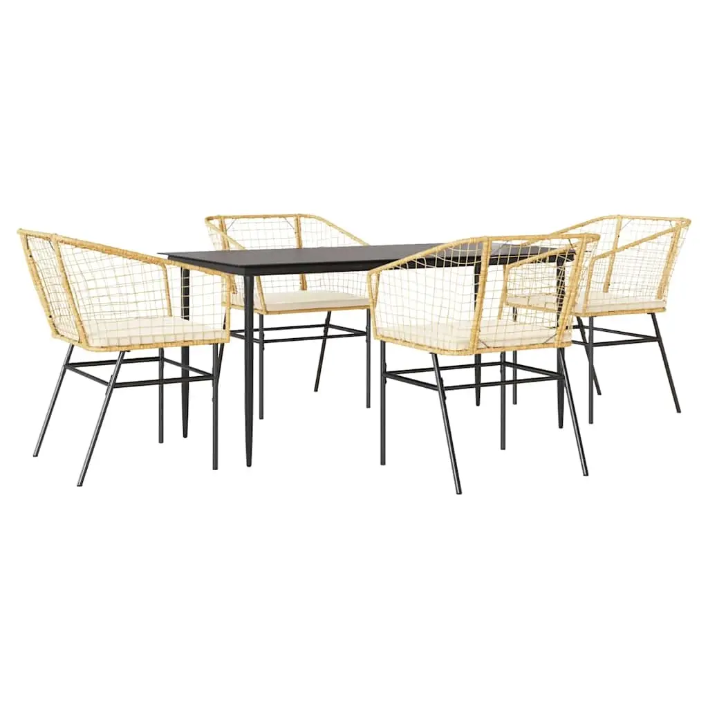5 Piece Garden Dining Set with Cushions Brown Poly Rattan Glass 3334509 - Furniture