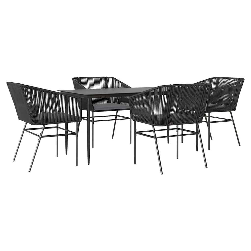 5 Piece Garden Dining Set with Cushions Black Poly Rattan Glass 3334516 - Furniture