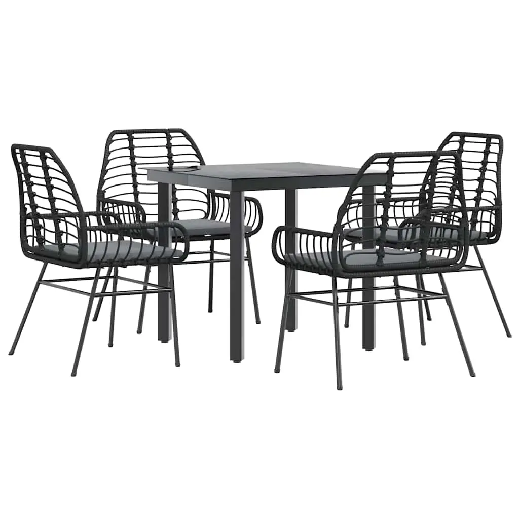 5 Piece Garden Dining Set with Cushions Black Poly Rattan Glass 3334549 - Furniture