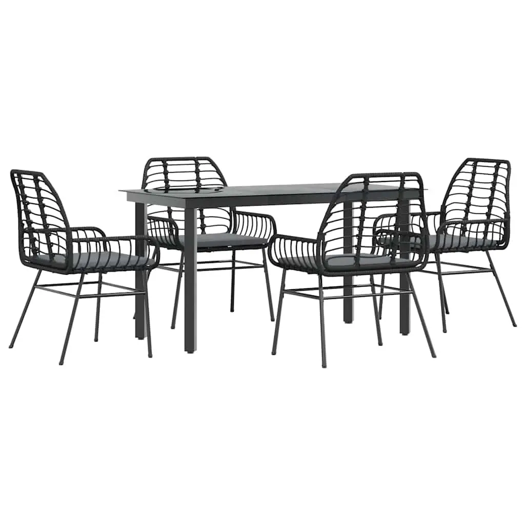 5 Piece Garden Dining Set with Cushions Black Poly Rattan Glass 3334550 - Furniture