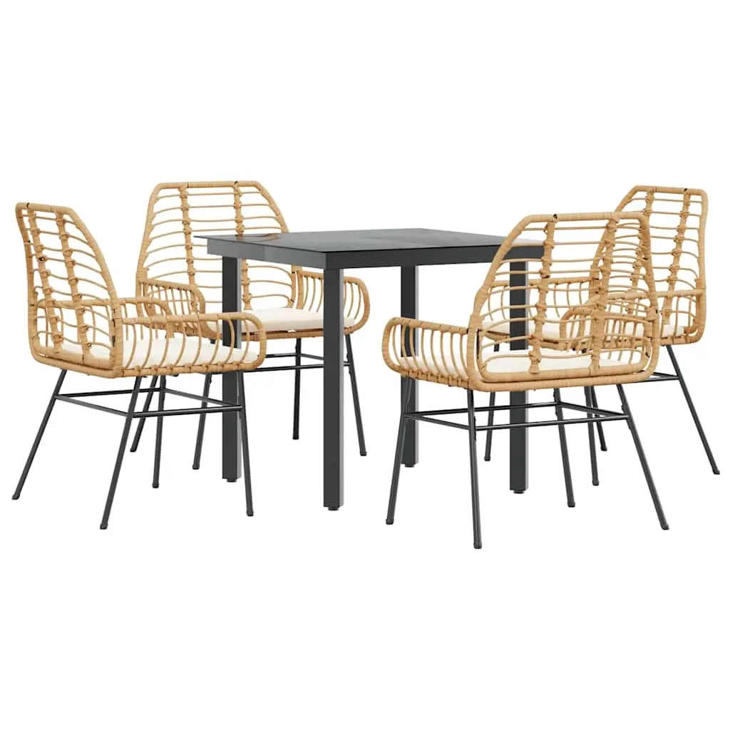 5 Piece Garden Dining Set with Cushions Brown Poly Rattan Glass 3334556 - Furniture