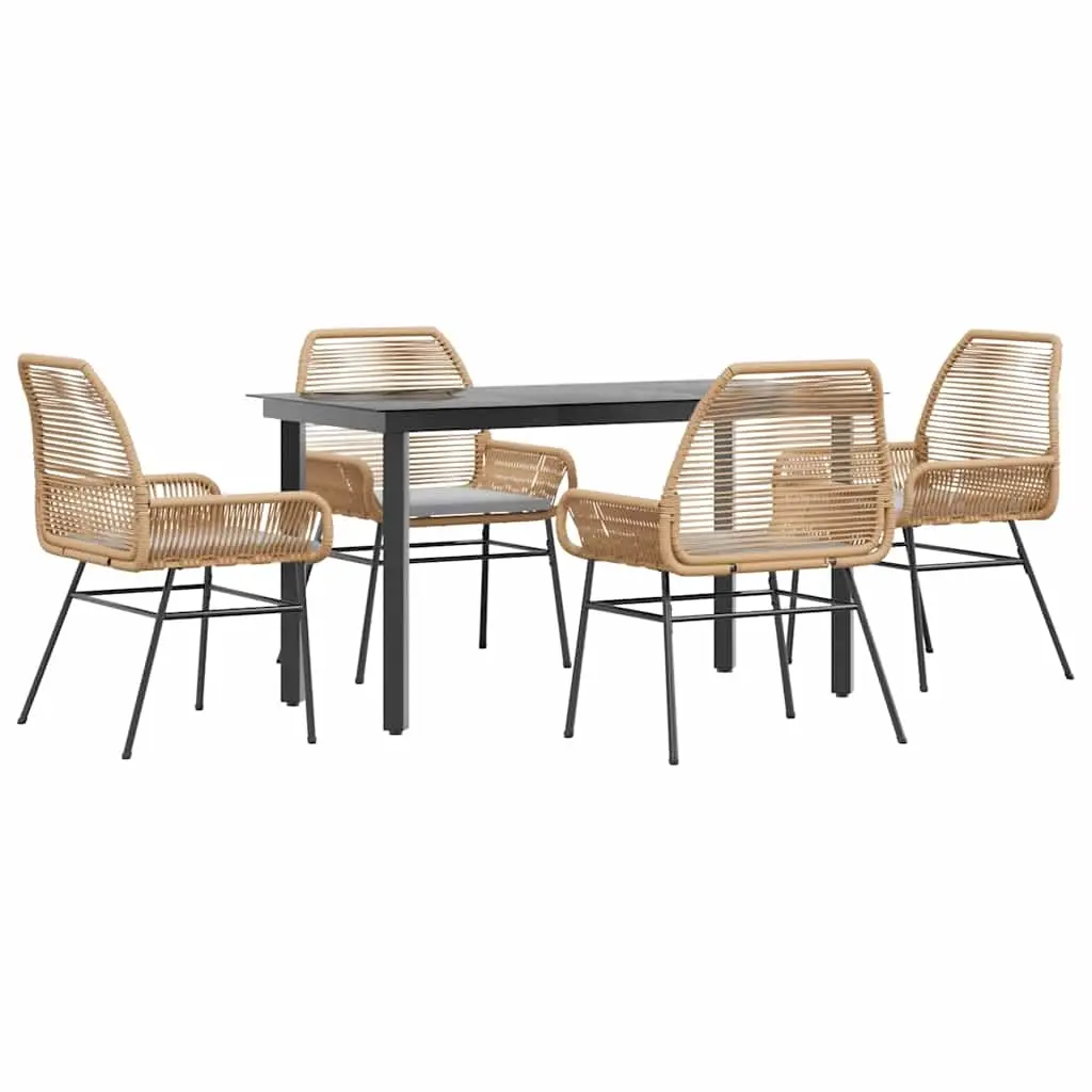5 Piece Garden Dining Set with Cushions Brown Poly Rattan Glass 3334571 - Furniture