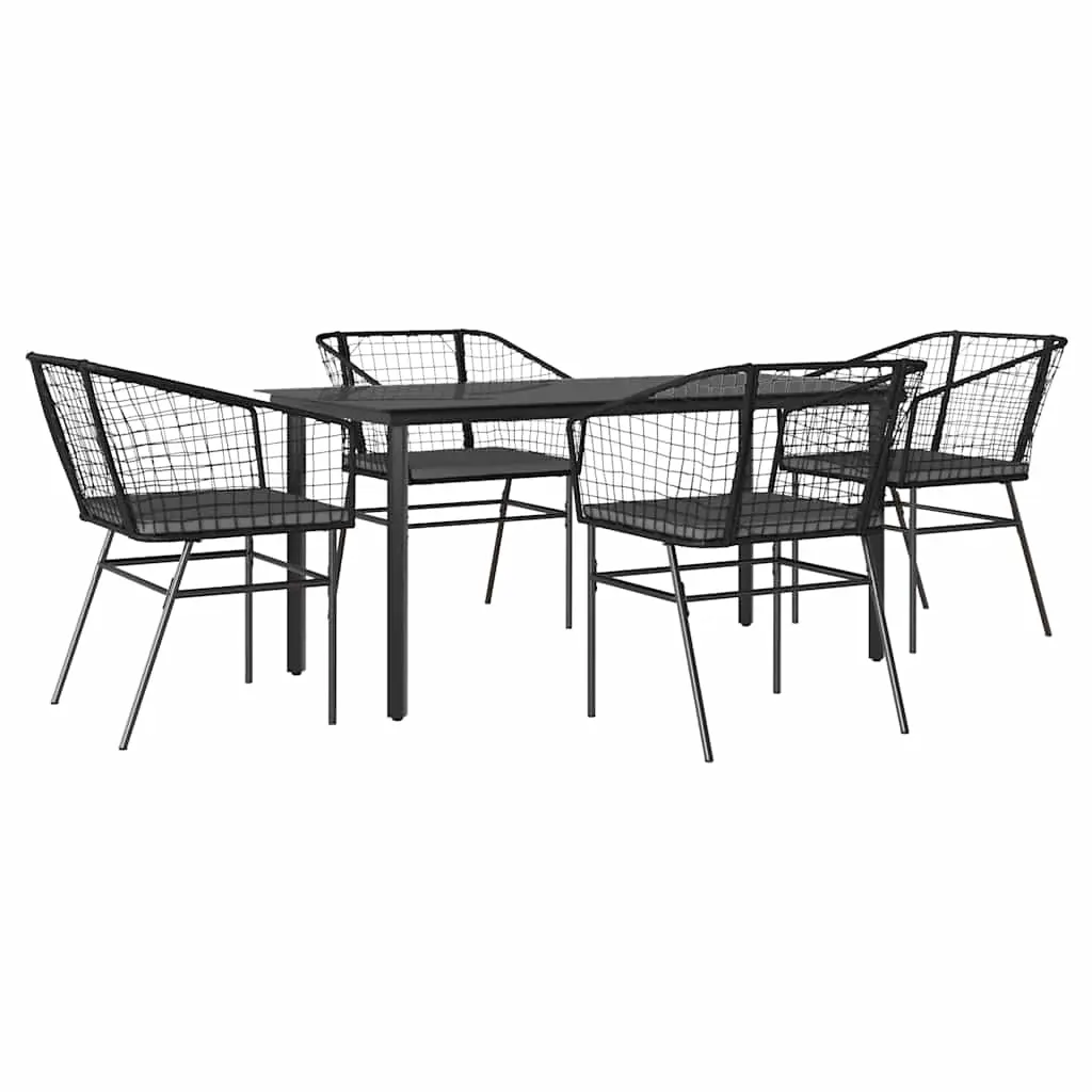 5 Piece Garden Dining Set with Cushions Black Poly Rattan Glass 3334600 - Furniture