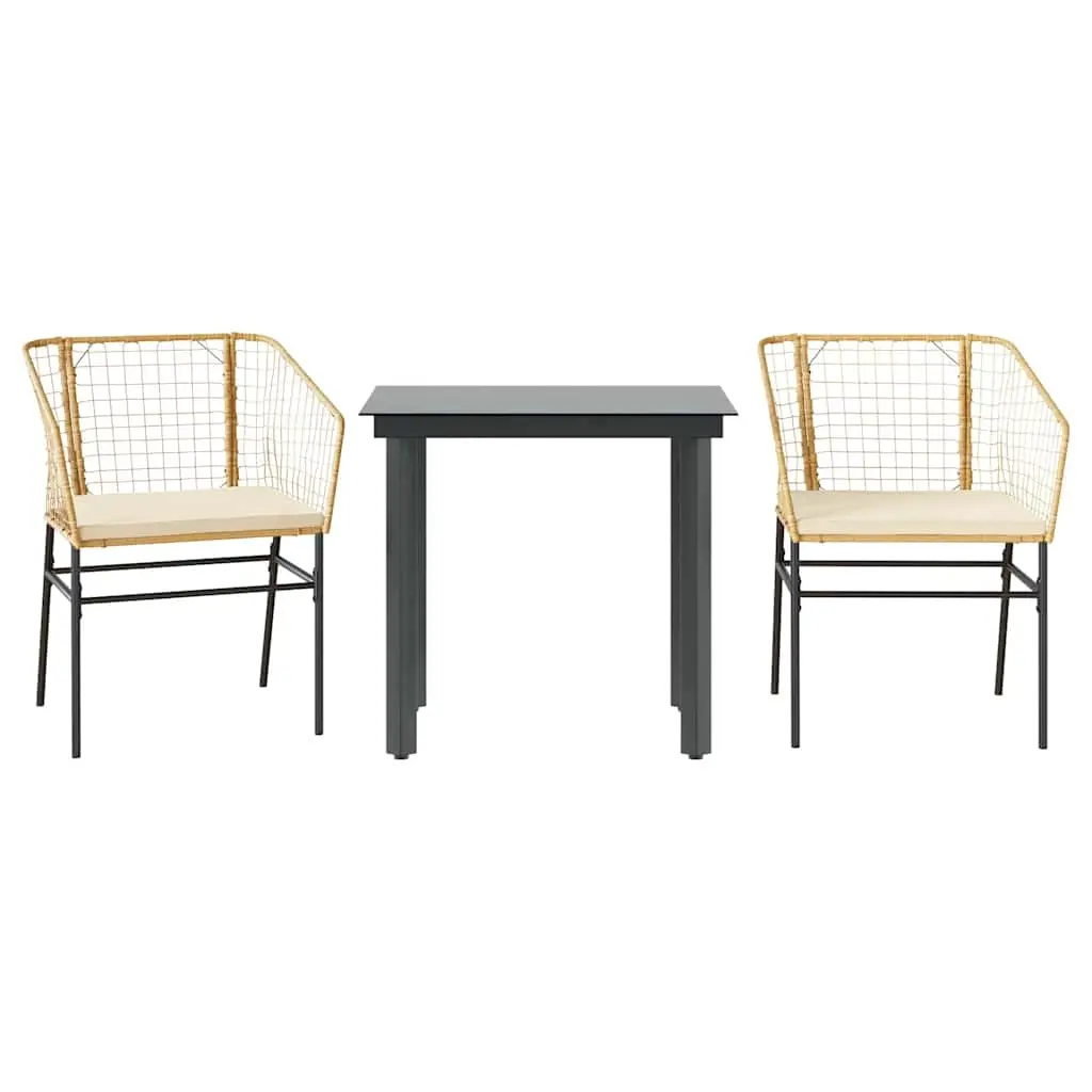 3 Piece Garden Dining Set with Cushions Brown Poly Rattan Glass 3334604 - Furniture