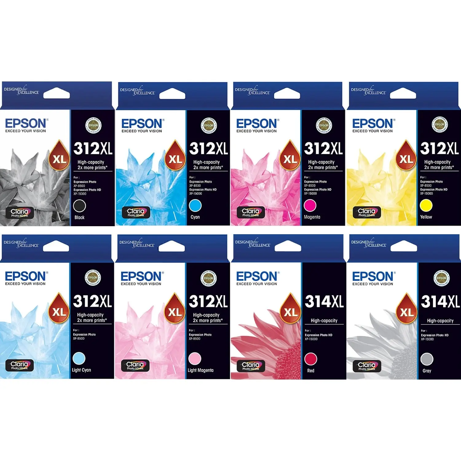 Epson 312XL 314XL Claria 8 Ink Cartridge Value Pack Genuine Original Black Cyan Magenta Yellow Light Cyan Light Magenta Red Grey - Electronics