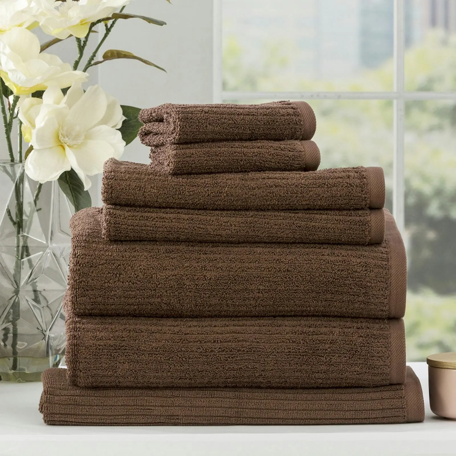7pc Renee Taylor Cobblestone Hand/Bath Towel Set 650 GSM Cotton Ribbed Toffee - Home & Garden
