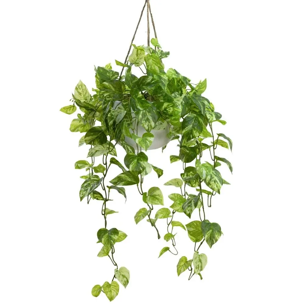 Glamorous Fusion Pothos Bush Artificial Fake Plant Decorative Arrangement 104cm In Hanging Planter Marble Green - Home & Garden