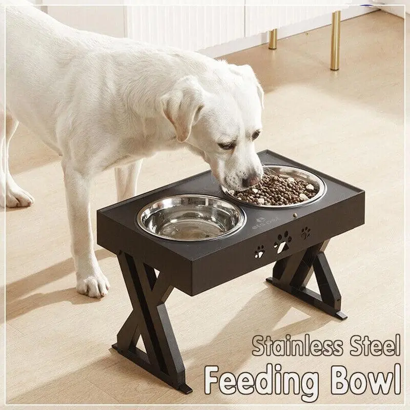 Elevated Pet Feeder Food Water Double Bowl Adjustable Height Raised Stand - Pets