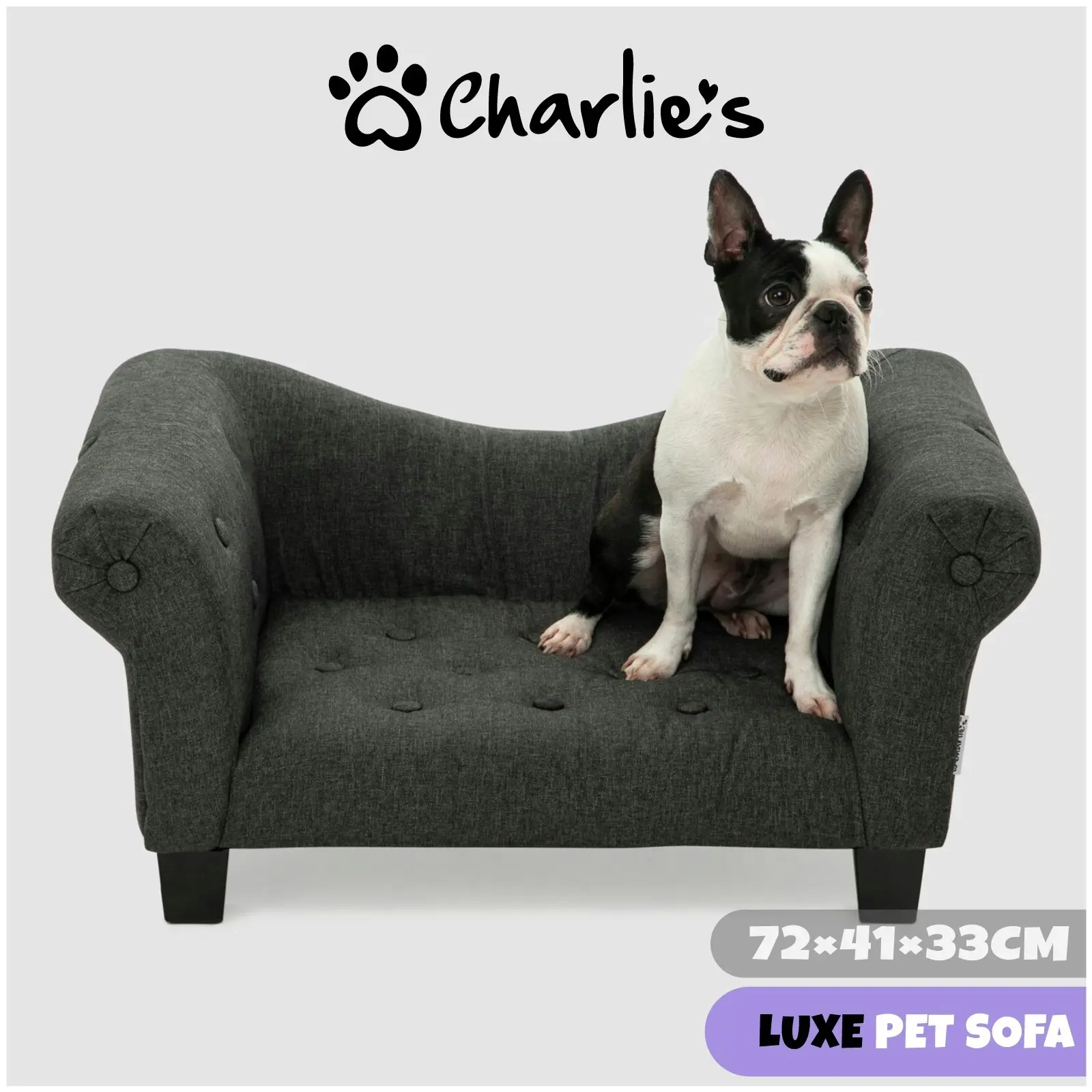 Charlie's Luxe Dog Sofa Charcoal 72 x 41 x 33cm - Pets