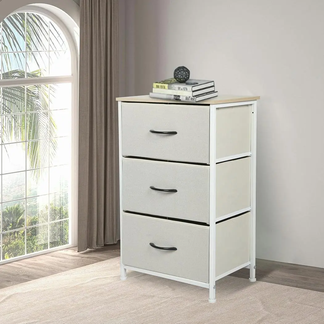 Levede Chest of 3 Drawers Bedside Table Storage Cabinet Tower Dresser Beige - Furniture