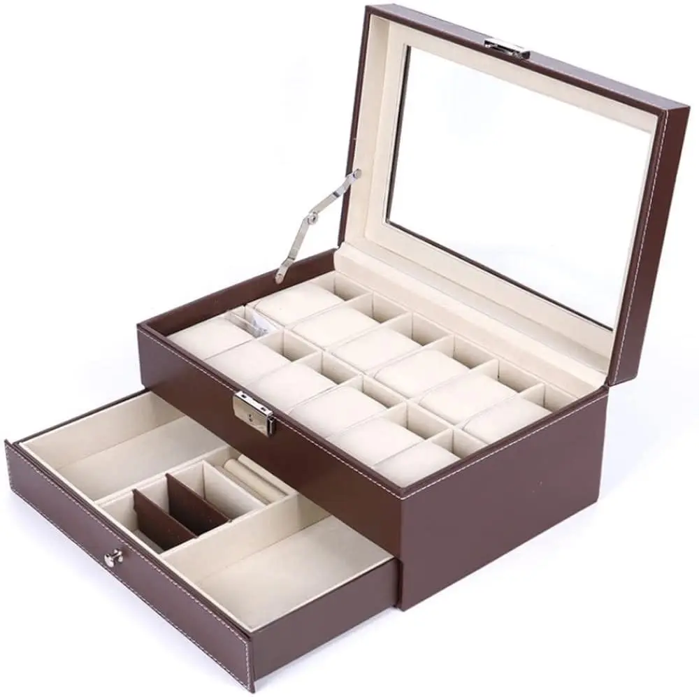 12 Slot PU Leather Lockable Watch and Jewelry Storage Boxes (Brown) - Home & Garden