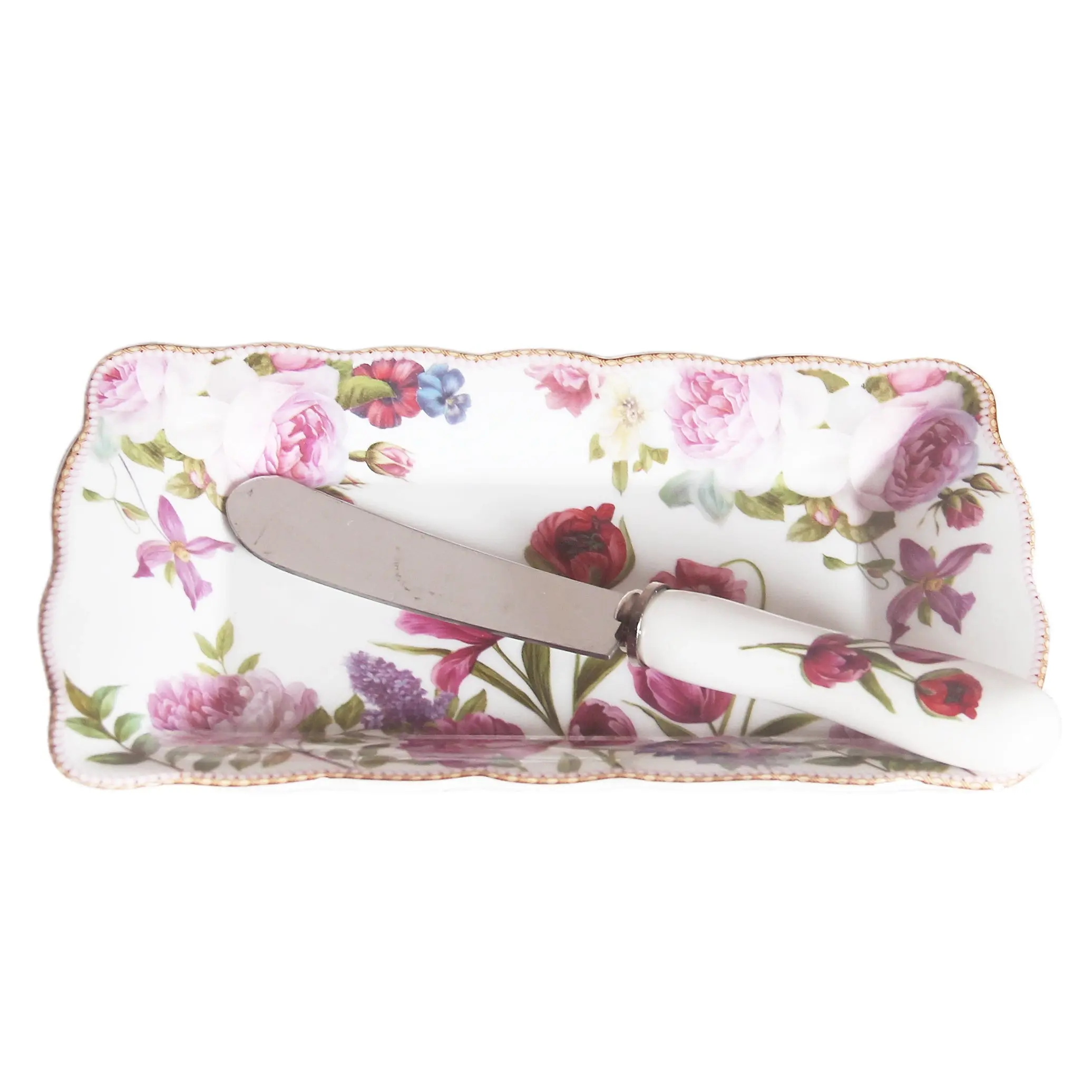 Rose & Tulip Fine China - Butter Dish with Knife