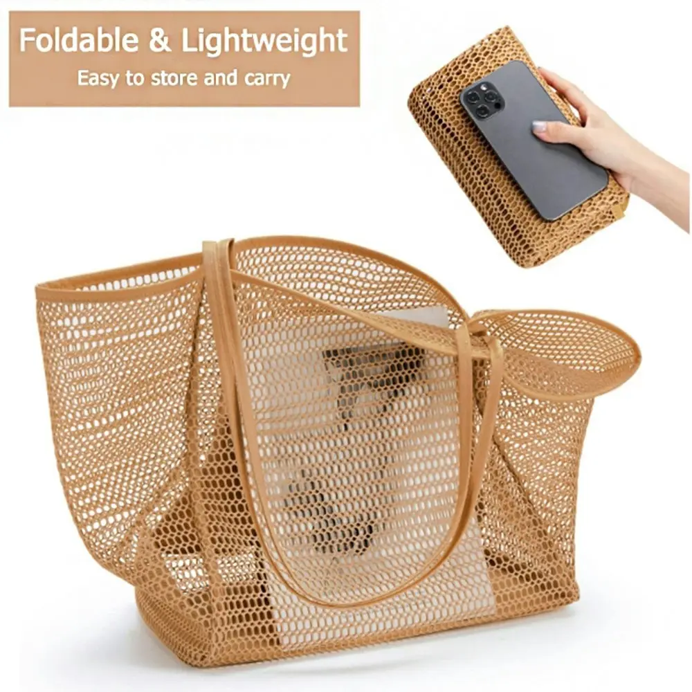 Stylish Beach Bag Mesh Shoulder Tote Bag Traveling Wash Swimming Storage Bag - Fashion