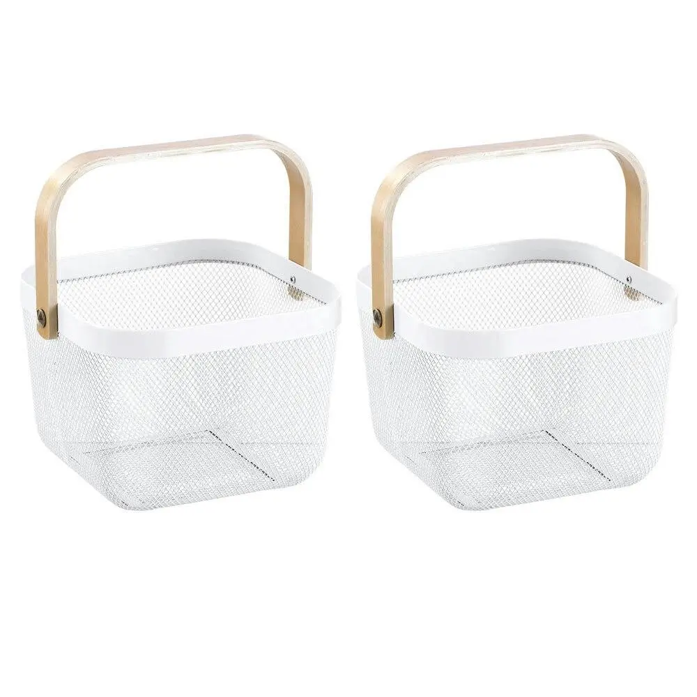 2x Boxsweden 25x25x17cm Mesh Home Storage Basket/Organiser/Wooden Handle White - Home & Garden