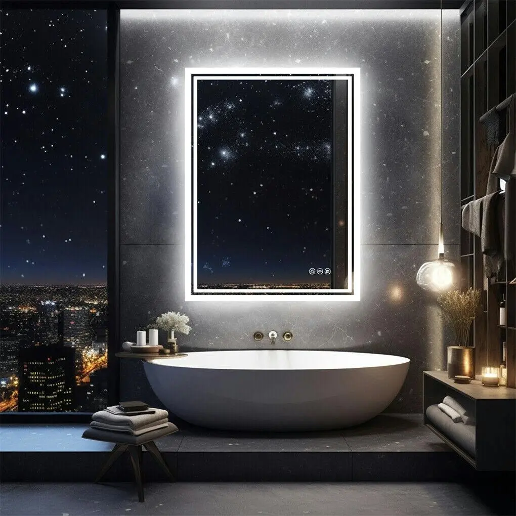 Fin Large Led Bathroom Mirror Dimmable Lights Anti-Fog Frameless 50X70Cm
