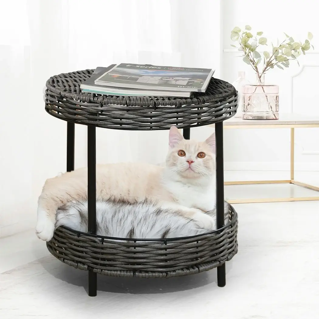 Pawz Rattan Pet Bed Elevated Raised Cat Dog House Wicker Basket Kennel Table - Furniture
