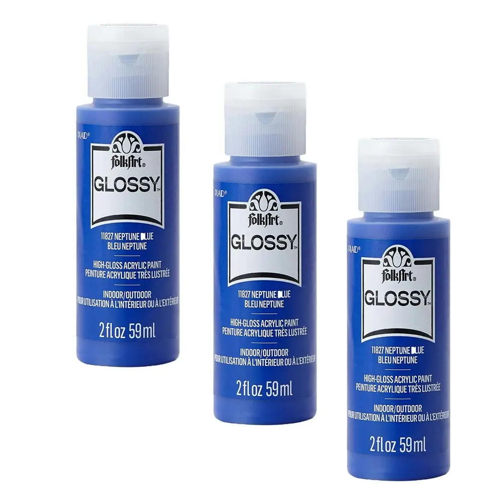 3x Plaid FolkArt Premium 59ml Acrylic Art Paint Neptune Blue Glossy Shine Finish - Hobbies