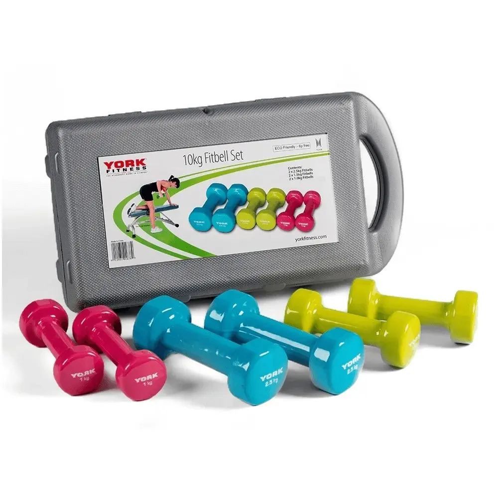 York 10KG PVC Dipped Dumbbell Set in Case - Sports & Outdoor