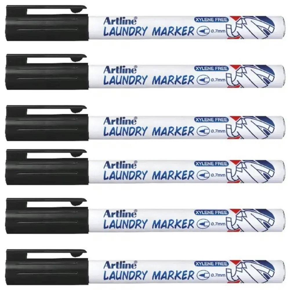 6pc Artline 750 Laundry/Linen/Clothing/Fabric Bullet Nib 0.7mm Line Marker Black - Office